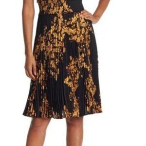 NWOT Nanette Lepore Black Yellow Floral Pleated Midi Dress 12